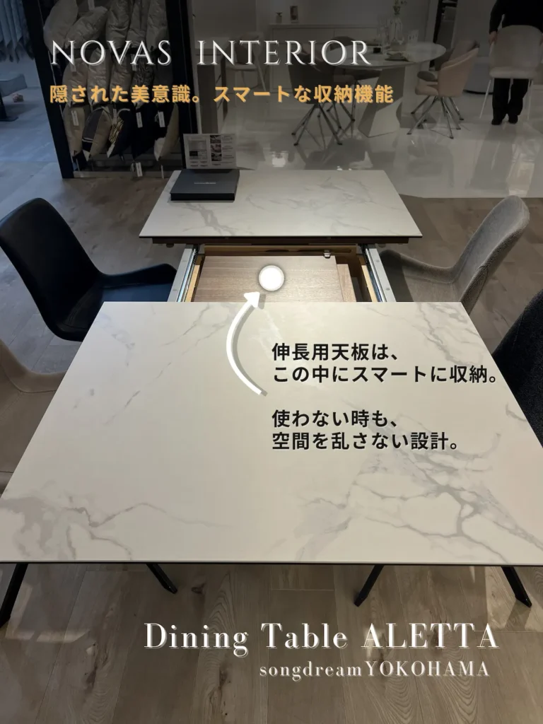 songdreamの伸長式ダイニングテーブル「ALETTA(アレッタ)」のセラミック天板を左右にスライドさせ、中央に格納されたウォールナットの伸長用天板を露出させた状態の写真。白い円と影付きの曲線矢印が収納部を指し、「伸長用天板は、この中にスマートに収納。使わない時も、空間を乱さない設計。」という説明文が添えられている。画像には「NOVAS INTERIOR」の文字と製品名、店舗名が含まれている。
