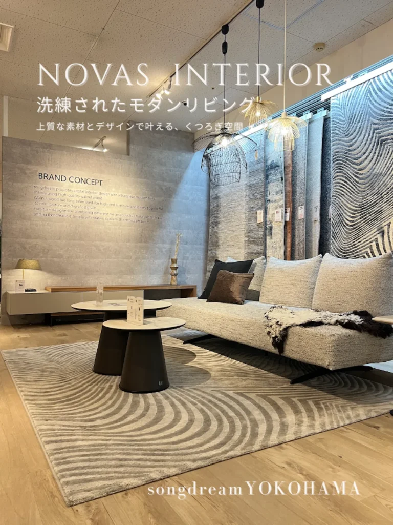 songdream(ソングドリーム)ショールームのモダンなリビング展示。グレーの幾何学模様のラグ、洗練されたソファ、ネストテーブルが並ぶ空間。画像上部に「NOVAS INTERIOR 洗練されたモダンリビング」のテキスト。